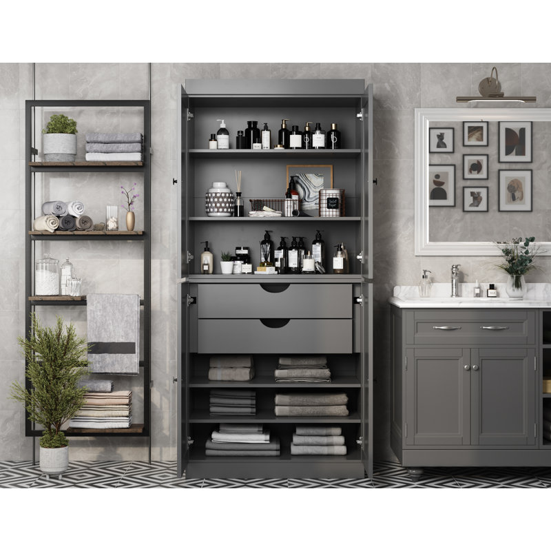 100% Solid Wood 32" Bathroom Storage Cabinet with Shaker Doors, 2-Drawers & Adjustable Shelves, Gray