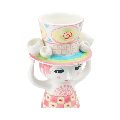 Dame avec vase à chapeau, rose / jaune, H: 8,1 po