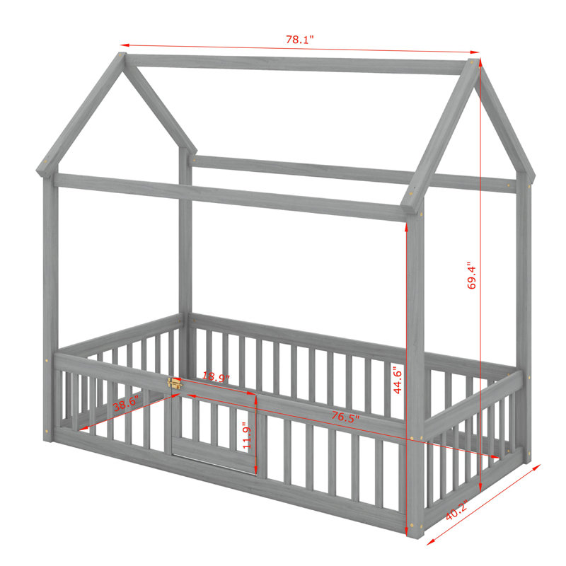 Lit simple en bois avec clôture et porte, Gris