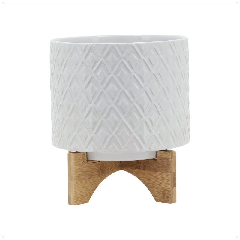 8" DIAMOND PLANTER W/ STAND, WHITE