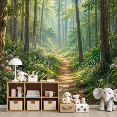 Peel and Stick Wall Mural Self-Adhesive Wallpaper Decor for Home Office - Forest Path Wildflower Landscape Soft Pastel Woodland 69"H x 96"W