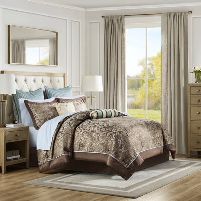 Édredon 12 pièces pour lit très grand - bleu / brun avec draps 100% coton et motif cachemire élégant