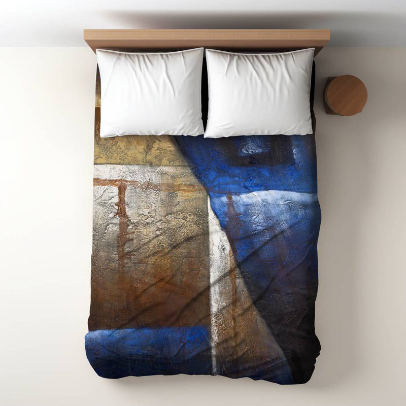 Polyester Sateen Duvet Cover, Twin Duvet, Blue Bronze Shapes With Blue Light