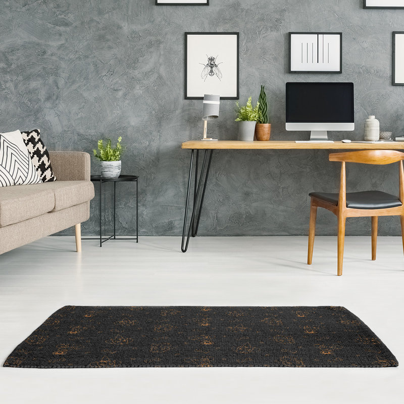 Tapis de zone noir/orange fait main, Rectangle 5 pi x 7 pi