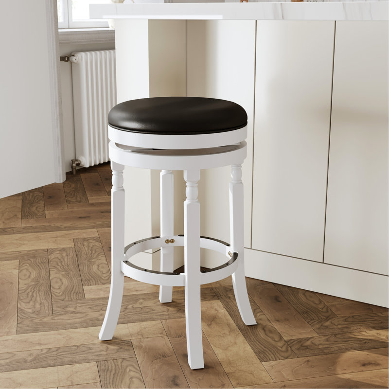 Tabouret de bar 30 po, blanc avec cuir noir, base en bois franc, tabouret pivotant à 360 °, siège en cuir reconstitué noir, construction robuste