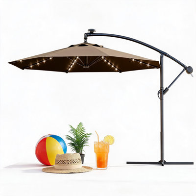 Parasol suspendu en porte-à-faux 10 pi avec lumières solaires à DEL, parasol de terrasse pour l'extérieur avec réglage facile de l'inclinaison, 8 nervures, protection UV pour la cour, la pelouse, le jardin et la piscine.