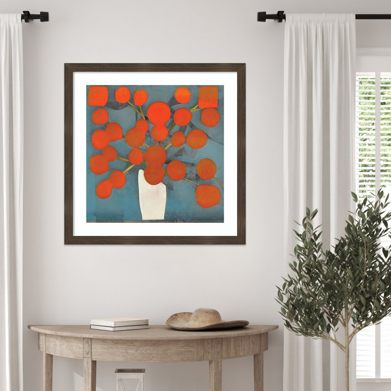 «Abstract Orange Flowers» par Elena Ray, impression sur bois encadrée, Marron foncé, H 26 po x l 26 po