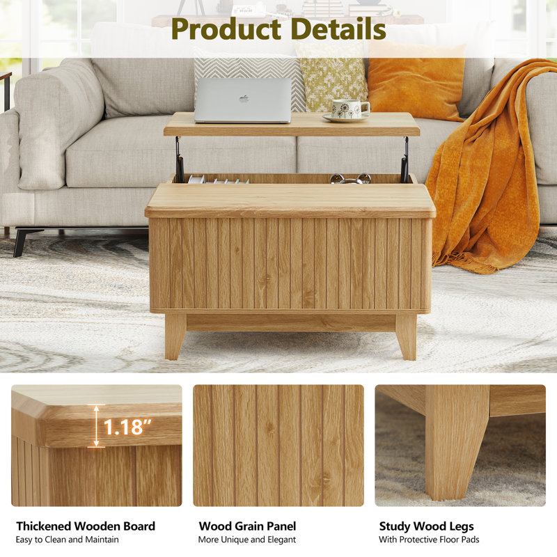 Natural Oak Lift-Top Coffee Table with Hidden Storage