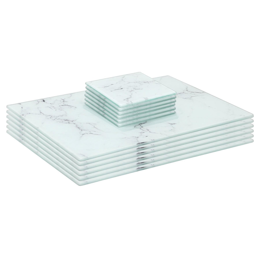 Harbour Housewares White Marble 12Pc Rectangle Glass Placemats & Square Coasters Set - 30Cm X 20Cm - Marble - Image 4