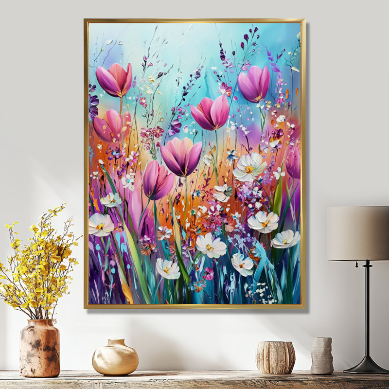 Fantaisie lavande et champ de tulipes VI - art mural encadré tulipes, H 20 po x l 12 po, Doré