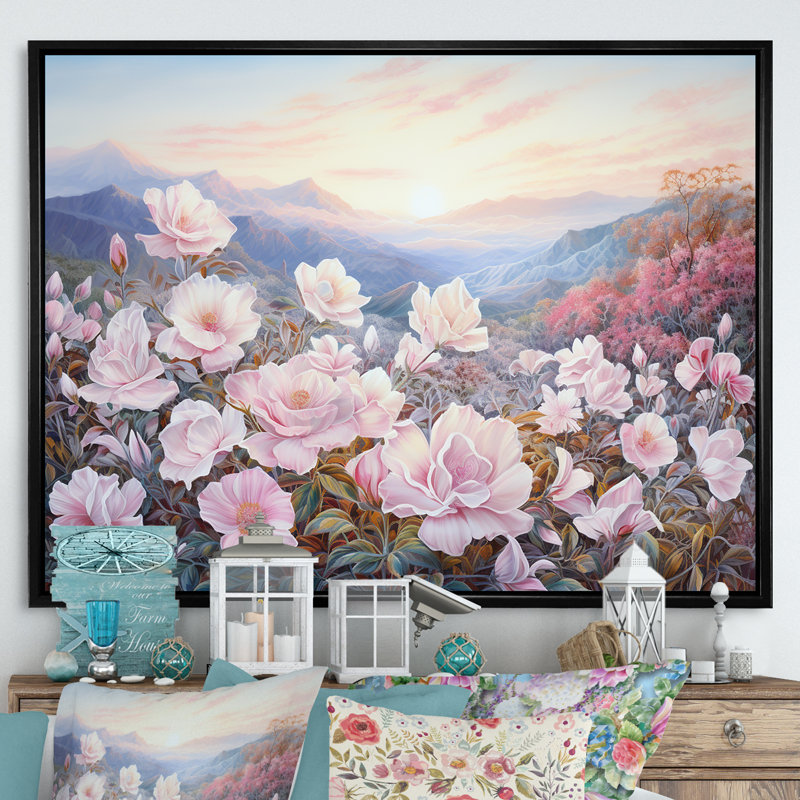 Champ de roses roses en montagne, Cadre flottant noir, H 34 po x l 44 po x P 1,5 po