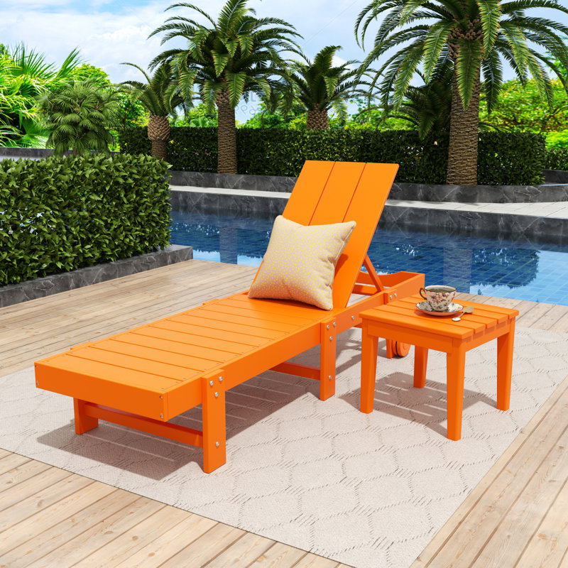 Joubert 77.6" Long Outdoor All-Weather Poly Reclining Single Chaise with Table, Orange