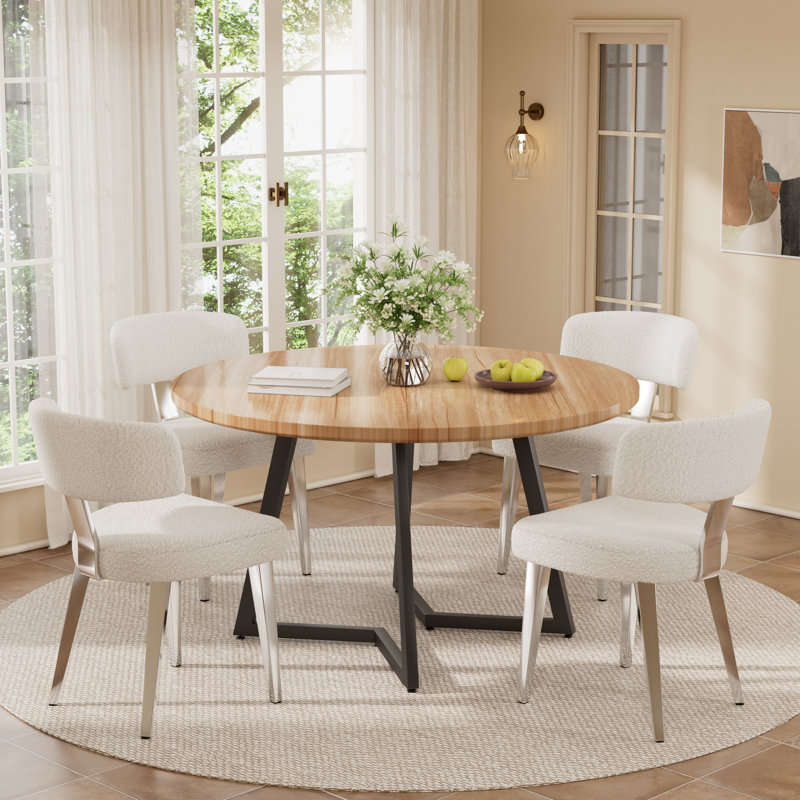 Round Wooden Dining Set For 4-6, Natural Wood, White, 5