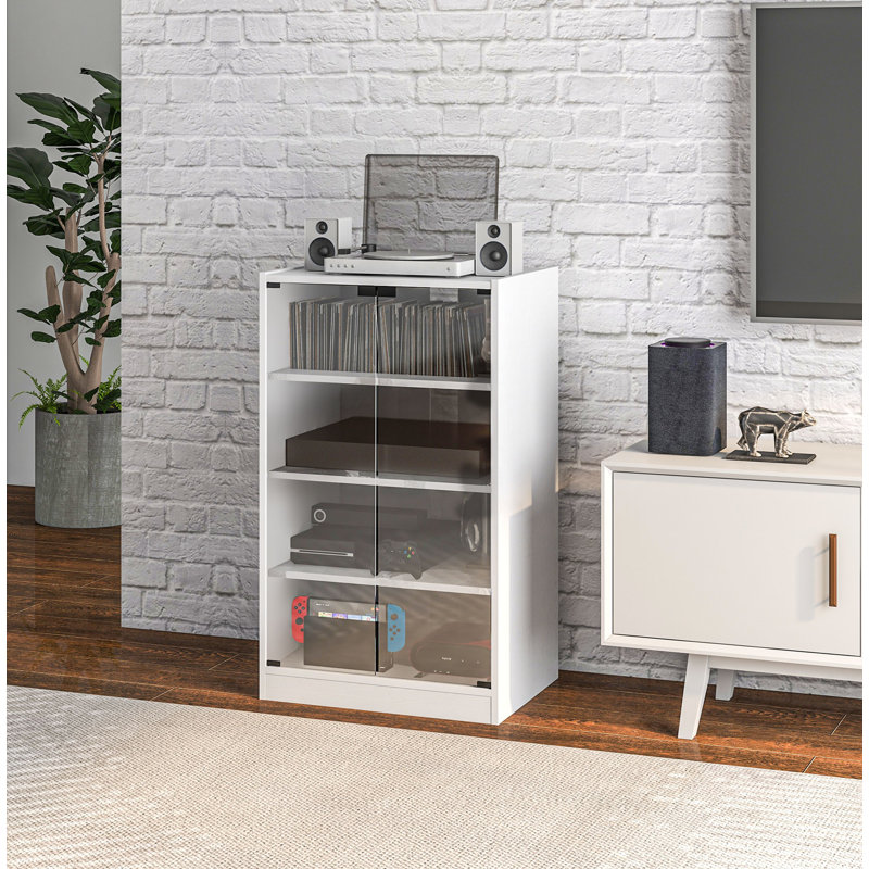 Modern audio and video media cabinet with adjustable shelves on 4 levels, White