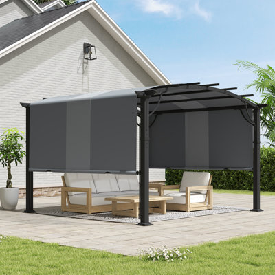 Pergola d'extérieur en aluminium 10 pi x 10 pi avec auvent légèrement arqué et abat-jour rétractable brun