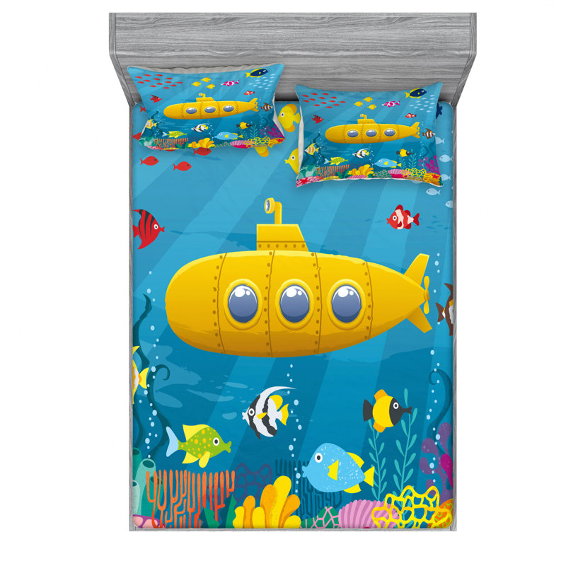 Ensemble de draps Coral Reef with Colorful Fish, Ensemble de draps pour grand lit avec 2 taies d'or