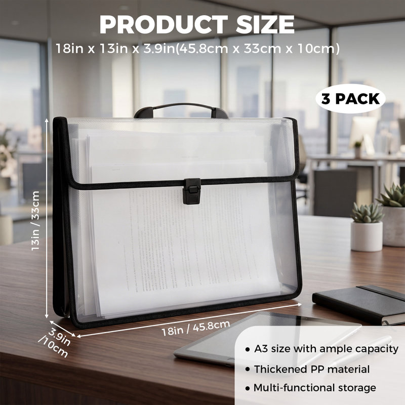Paquet de 3 pochettes pour dossier extensible en plastique PP avec poignée, 13 x 18 po, format A4