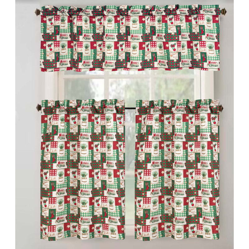 Jackelin Christmas Holiday Patchwork 52'' W Kitchen Curtain in White