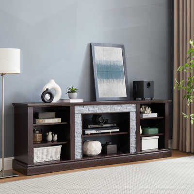 Grand support de rangement pour bureau de télévision avec bordure en faux pierre, console média avec rangement spacieux et gestion des câbles