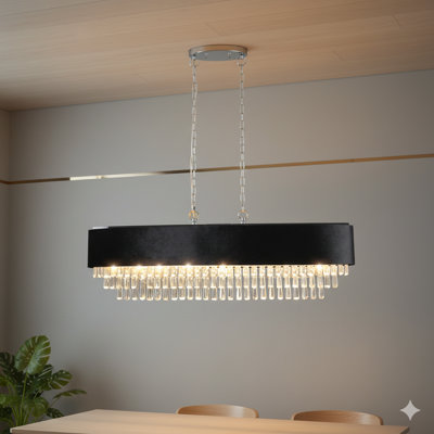 Lustre moderne en cristal 39 po avec abat-jour en velours noir anti-reflets, hauteur réglable, base G9 à 8 lumières pour la salle à manger, le salon ou la chambre à coucher (ampoule non incluse)