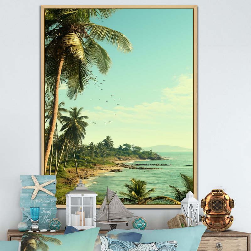 Coastal Vintage Tropical Coastline - Art mural côtier tropical, Cadre flottant brun, H 32 po x l 24 po