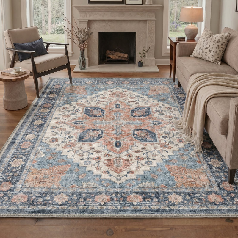 Tapis performance d'intérieur bleu / orange Astra, lavable à la machine, avec envers antidérapant, Rectangulaire 8 pi x 10 pi