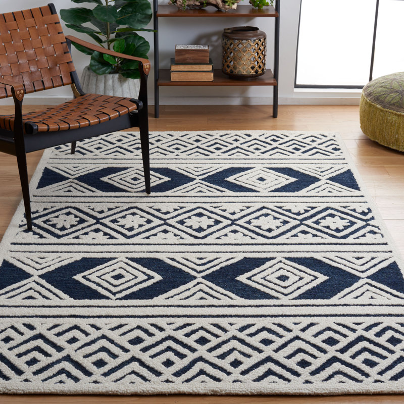 Brizendine Hand Tufted Wool/Cotton Striped Rug in Ivory/Blue, Rectangle 6' x 9'