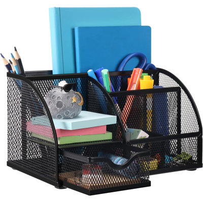 Organisateur de bureau en maille métallique avec porte-crayons et stylos à 7 compartiments, noir, idéal pour la maison, le bureau ou l'école.