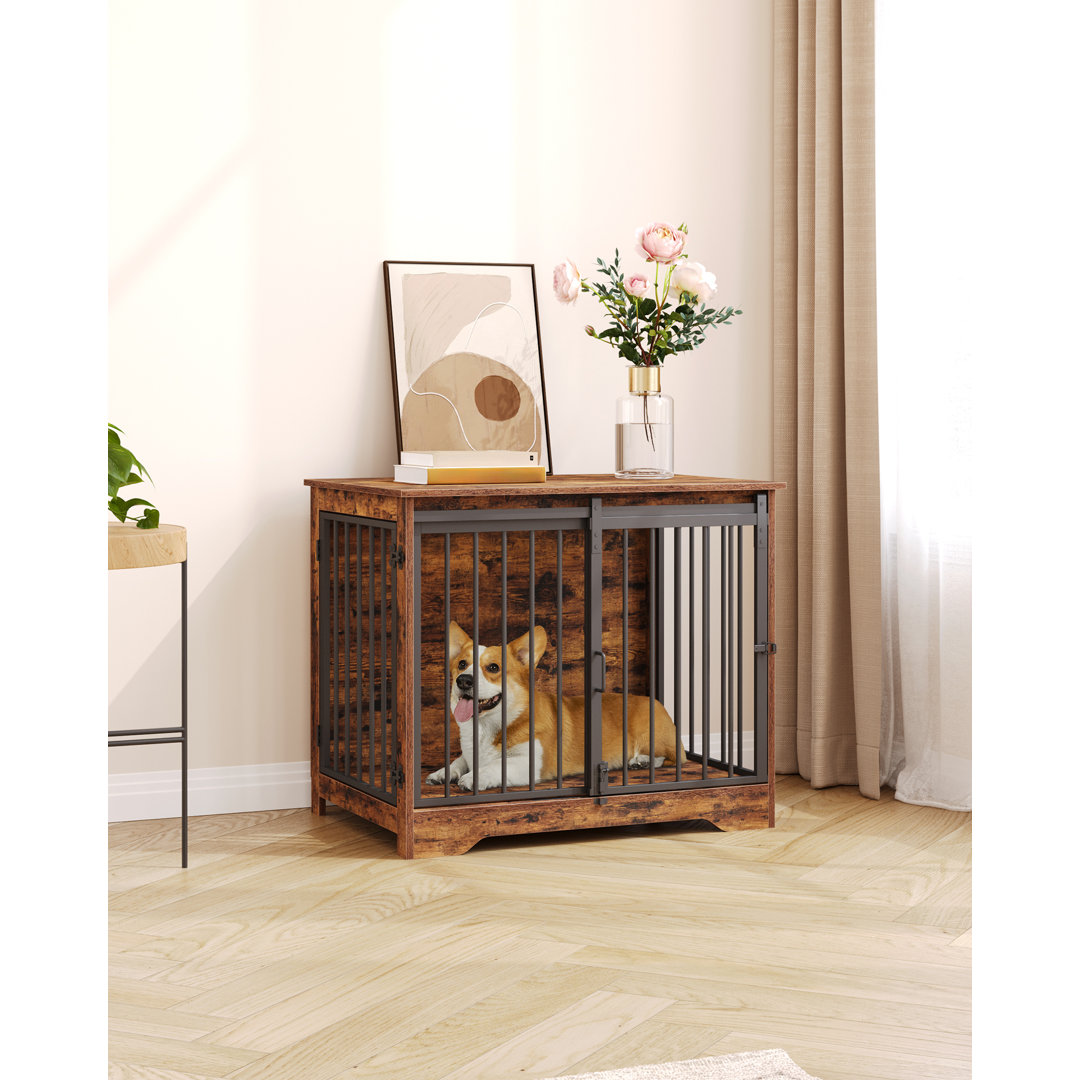 Dog Crate Furniture, Double Door Wooden Dog Crate with Barn Door, Indoor Kennel, End Side Table Animal Crates for Small Medium Large Dogs, Anti-Chew A