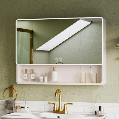 Armoire à pharmacie rectangulaire en aluminium l 35 po x H 28 po avec lumières DEL, désembueur, support de rangement pour cosmétiques et support pour sèche-cheveux