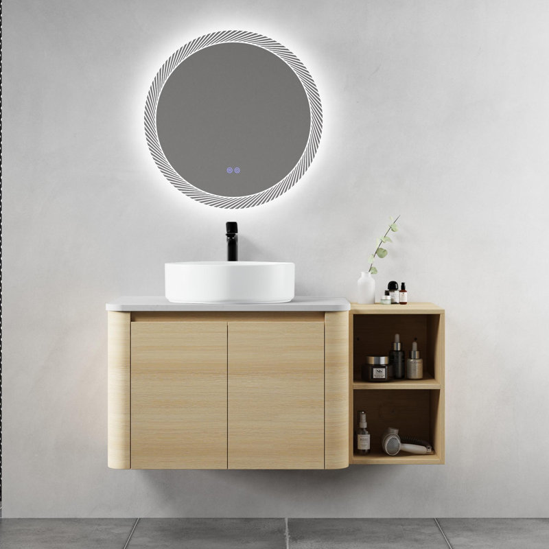 Meuble-lavabo flottant mural 42 po avec lavabo vasque en céramique, portes à fermeture en douceur et tablette de rangement ouverte, chêne blanc américain, fabrication en contreplaqué