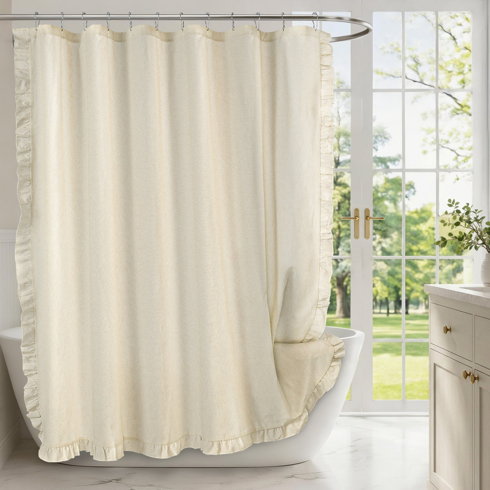 100% Cotton Striped Button Hole Shower Curtain With Ruffle, Beige