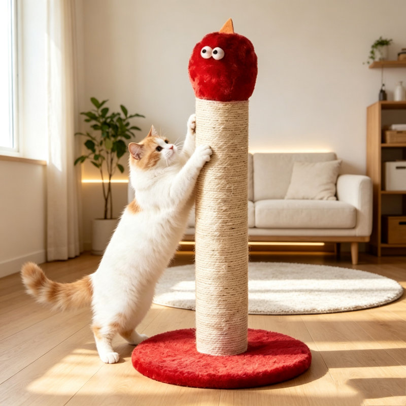 Griffoir vertical en sisal avec jouet en peluche amusant intégré, idéal pour les chats d'intérieur et la protection des meubles.