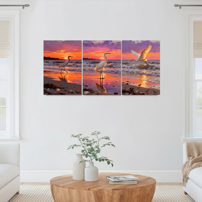«Sunset Beach Heron», reproduction d'art sur toile tendue sur toile, ensemble de 3