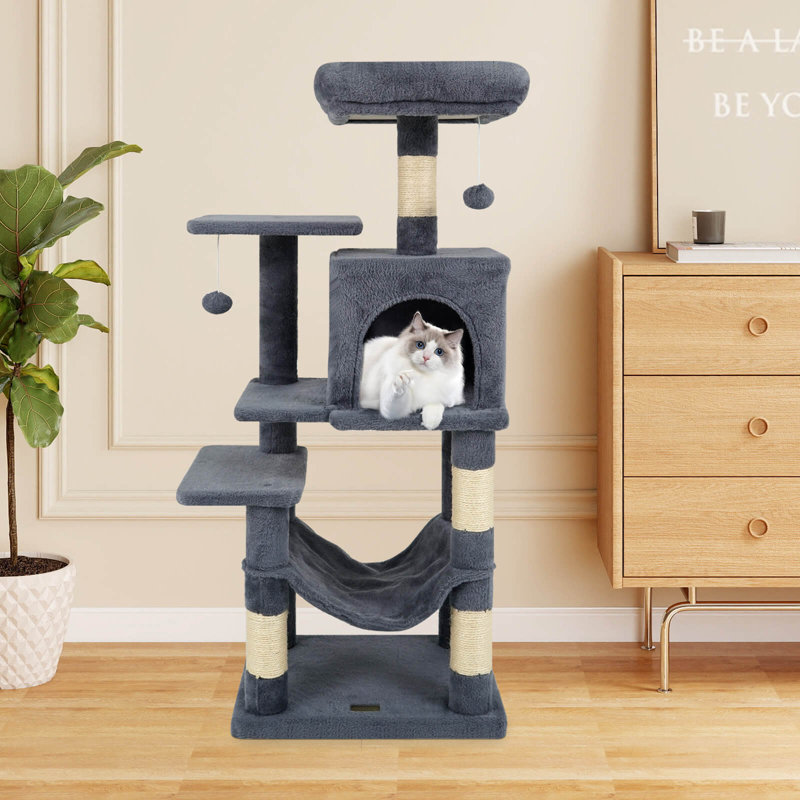 44” Tall Multi-level Cat Tree with Cushion Top Perch, 2-Entrance Large Cat Condo Dark Grey, Dark Grey