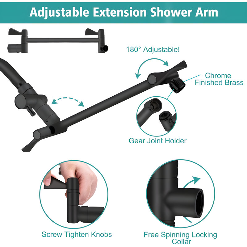 Système de douche à pluie 8 po: Combinaison de pluie / de poche, 9 réglages, bras d'extension réglable, noir mat
