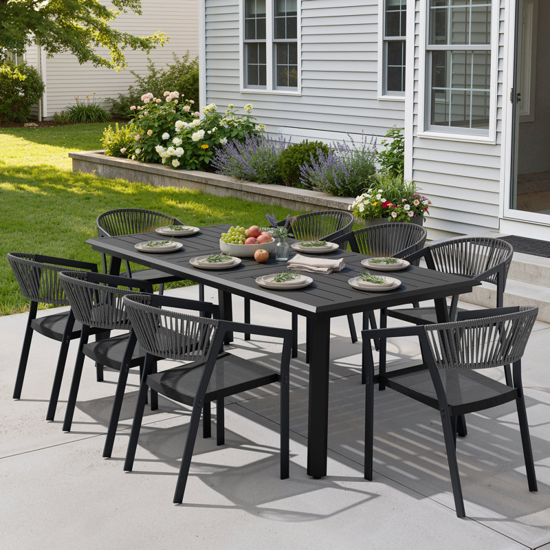 8 - Person Aluminum Outdoor Dining Set With 8-Pound Stacking Chairs And Umbrella Hole, 82.7'' In. W X 38'' In. D, Dark Gray