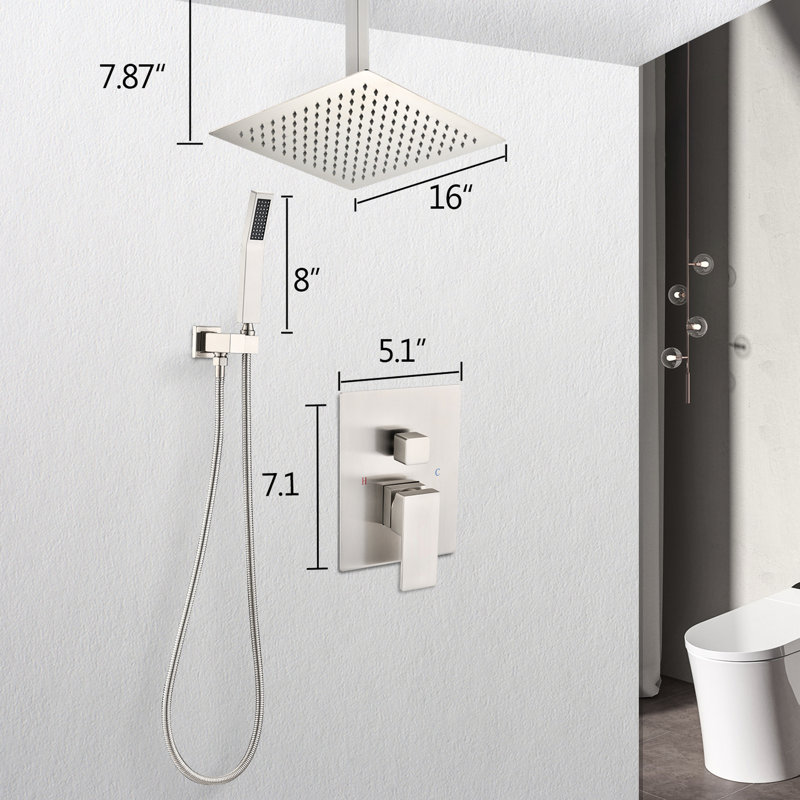 Compilation de douche à fixation au plafond en nickel brossé - tête de 16 po et à main, laiton, pluie naturelle imitant, buse autonettoyante, conforme aux exigences des tuyaux American Standard
