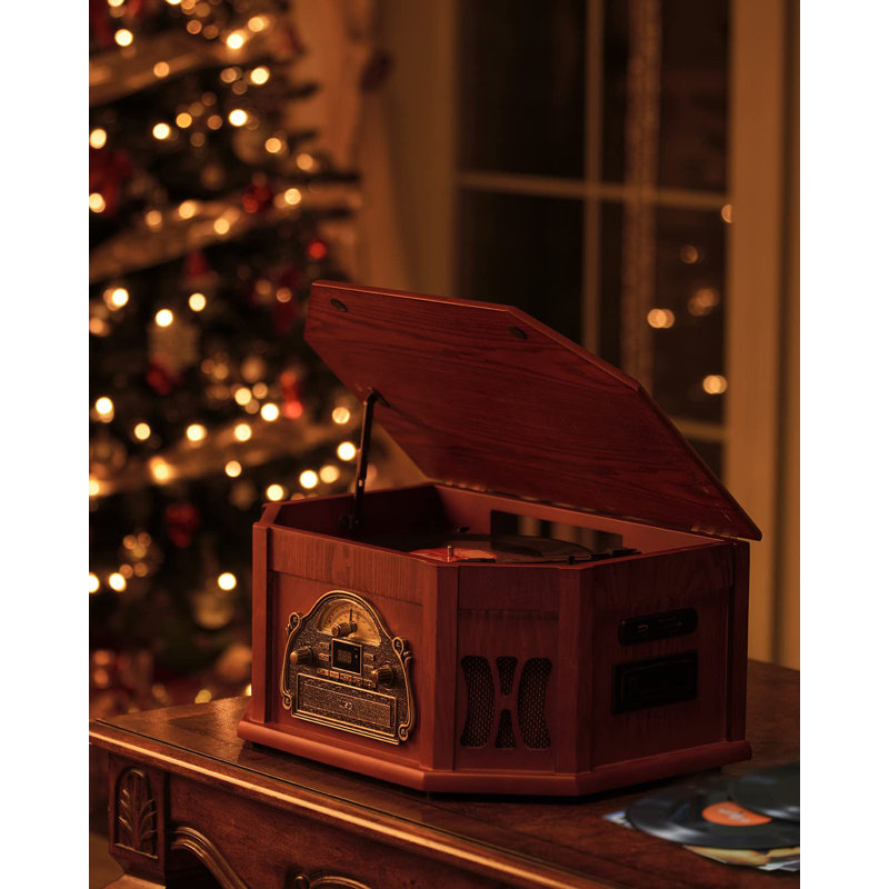Tourne-disque en vinyle Direct Power 10-en-1, platines audio en bois Classic avec haut-parleurs intégrés Bluetooth, Brown