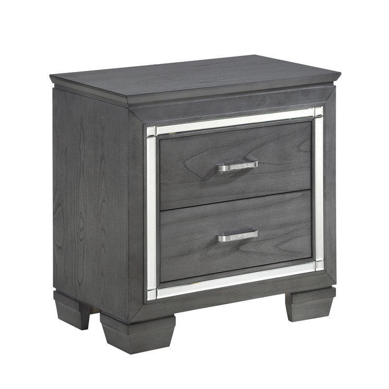 Table de chevet moderne 2 avec éclairage à DEL et faux cristaux gris pour un attrait de chambre à coucher élégant, Gris