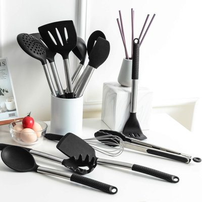 Silicone Cooking Utensil Set: 12 Pieces Kitchen Utensils Non-Stick & Heat Resistance Silicon And Stainless Steel Handles - Black