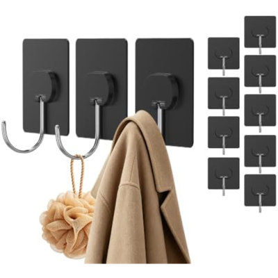 Adhesive Wall Hooks No Drill Large Black Heavy Duty,13LB Sticky 12 Pack | Large Waterproof Black Sticky Hooks for Hanging,13lbs Max Load No Damage, Ideal for Towel,Coat,Bathroom,Kitchen,Home