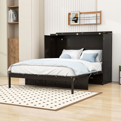Queen Size Wood Murphy Bed with USB Ports and Drawer