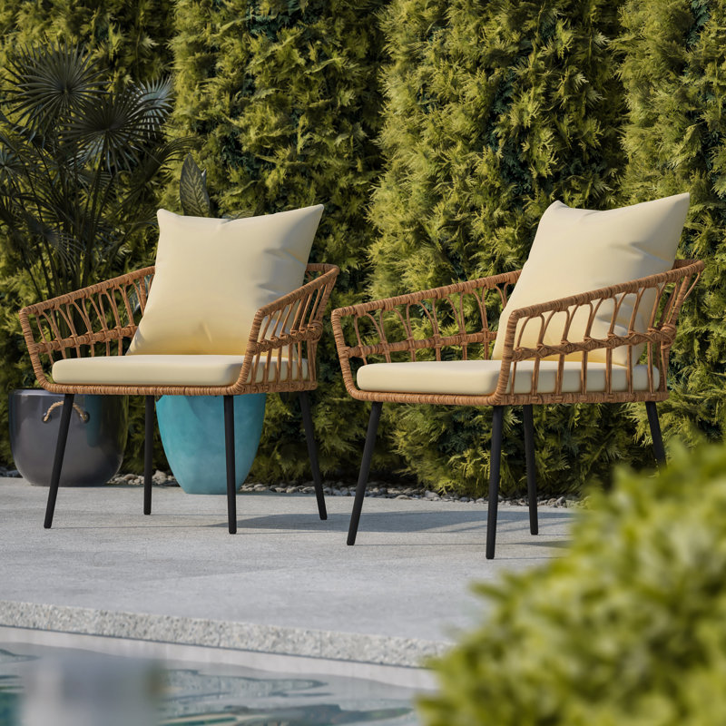 Chaises de patio en osier de rotin toutes saisons avec coussins, Crème