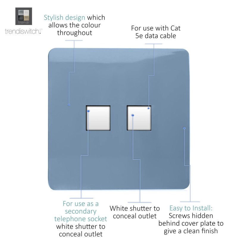 Trendi Switch 2 Gang RJ45 Cat 5e PC Ethernet & Telephone Sockets, Sky