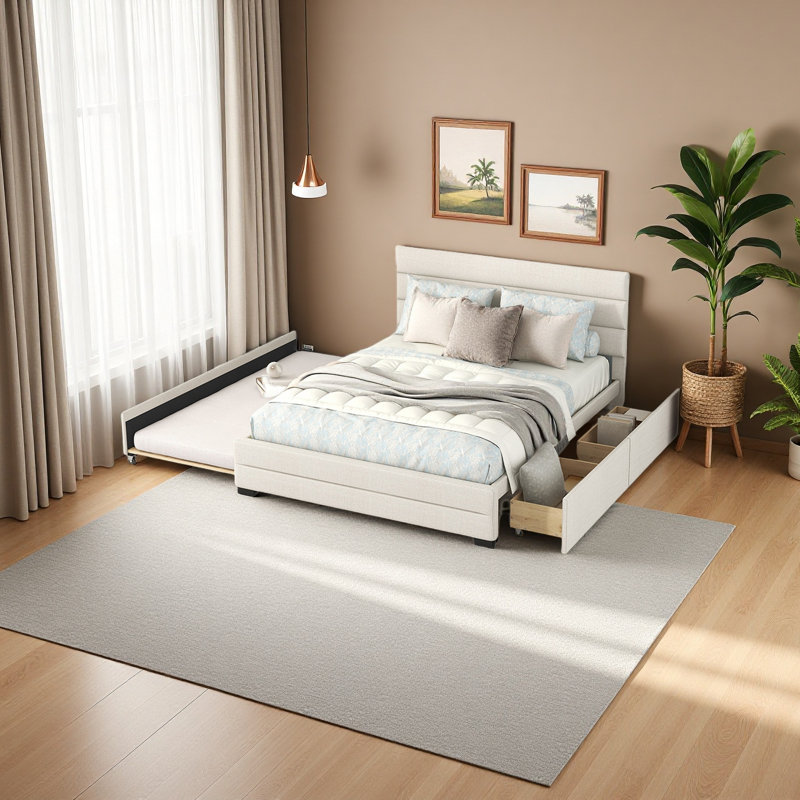 Grand lit plateforme tapissier avec lit gigogne simple et deux tiroirs, Beige