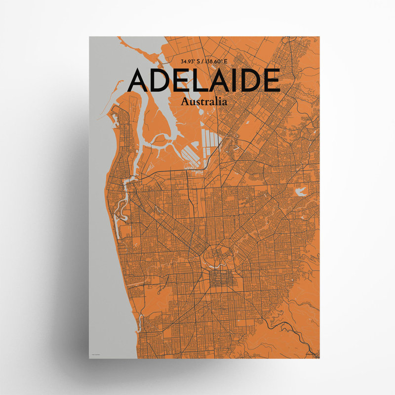 Adelaide City Map, impression, H 27,6 po x l 19,7 po, Orange et gris