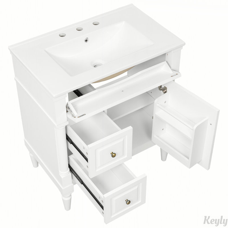 Meuble-lavabo autoportant blanc de 30 pouces avec lavabo en céramique, tiroir rabattable et tablette réglable pour les salles de bain modernes