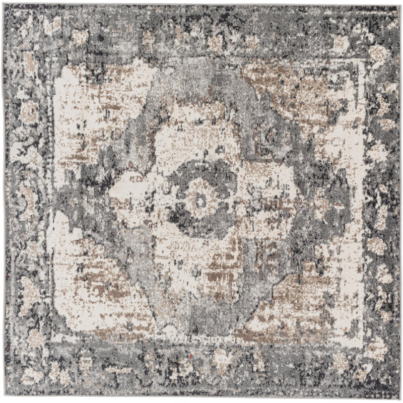 Tapis oriental gris anthracite tissé au métier mécanique Addisyn, Carré 6 pi 7 po