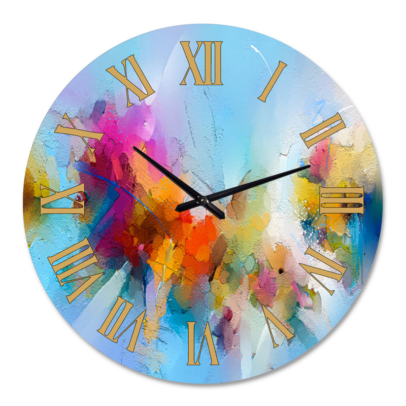 Mauve jaune et bleu abstrait fleur compostion II - horloge murale de ferme, Médium